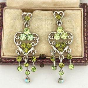 Vintage Silver Chandelier Earrings, 1980s Peridot Crystal Dangles, Romantic Filigree Drops, Statement Green Bridal Jewelry, Evening Earrings