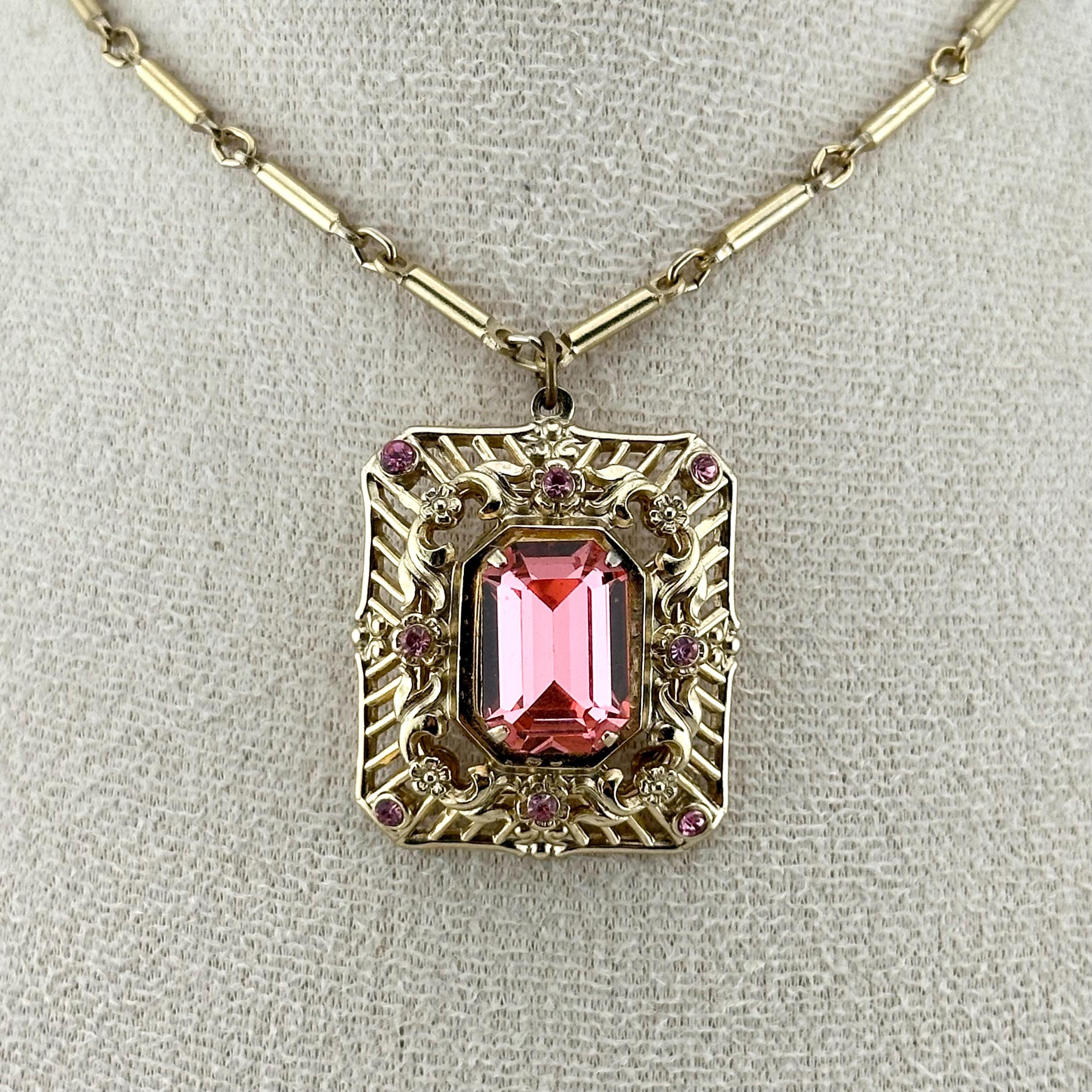 Vintage 1950s Coro Pegasus Pink Crystal Necklace, Regency Gold