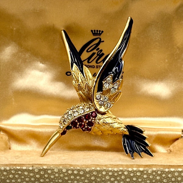 Vintage Hummingbird Brooch, Vintage Designer Sphinx Brooch, Animal Brooch, Gold Bird Brooch, Austrian Crystal Brooch, Gilded Enamel Brooch