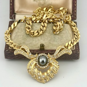 Vintage Sphinx Gold Hematite Statement Collar Necklace, 1980s Collectible Designer Jewellery, Crystal Winged Pendant, Maximalist Glam Gift