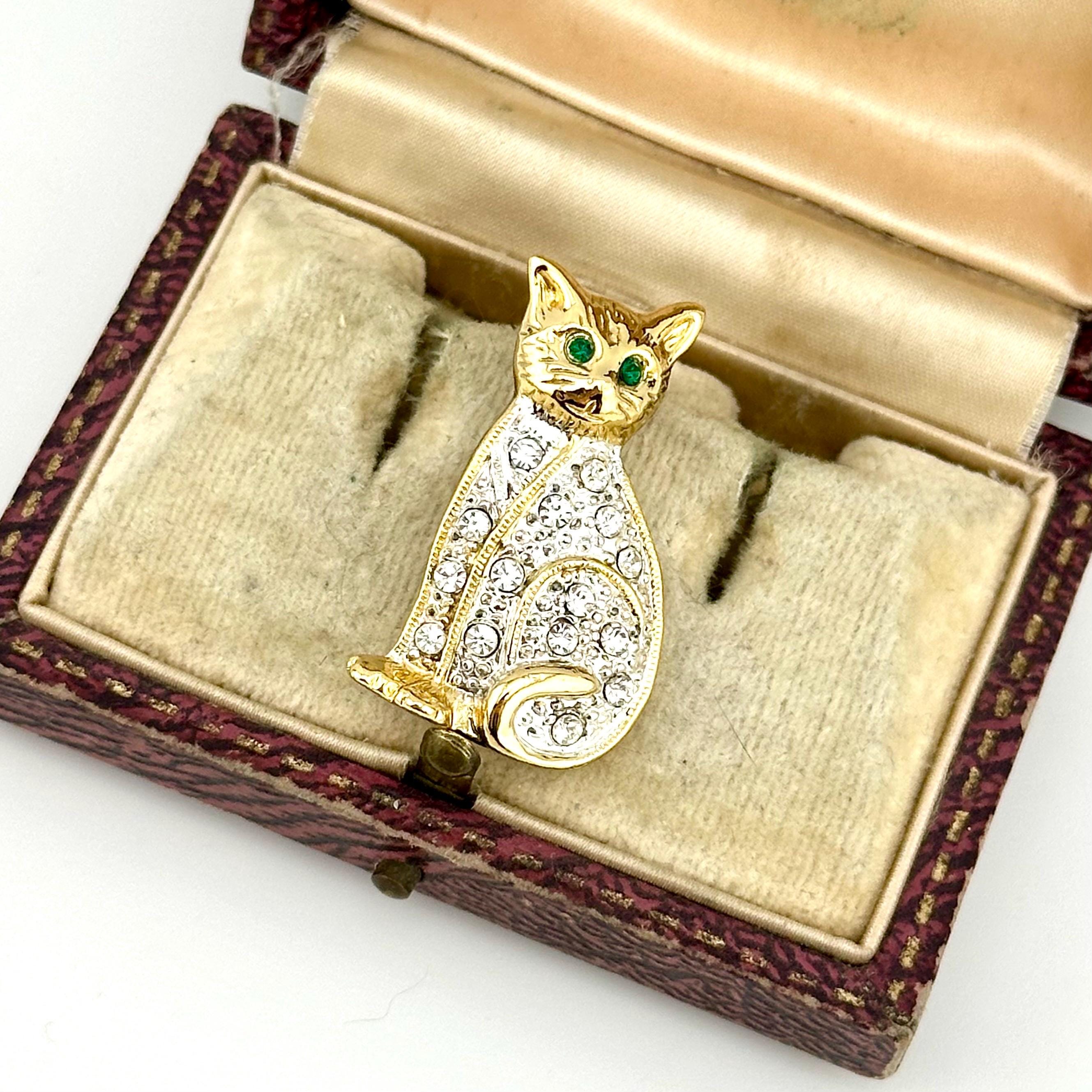 1980年代ヴィンテージの宝石付き猫ブローチ、ゴールドクリスタルの猫