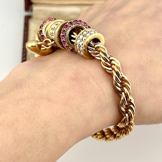 Vintage Gold Charm Statement Bracelet, Ruby & AB … - image 4