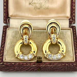 Vintage 1980s Gold Door Knocker Clip On Earrings, Statement Crystal Drop Earrings, Collectable Vintage Jewelry, Bold Retro Glam Jewelry