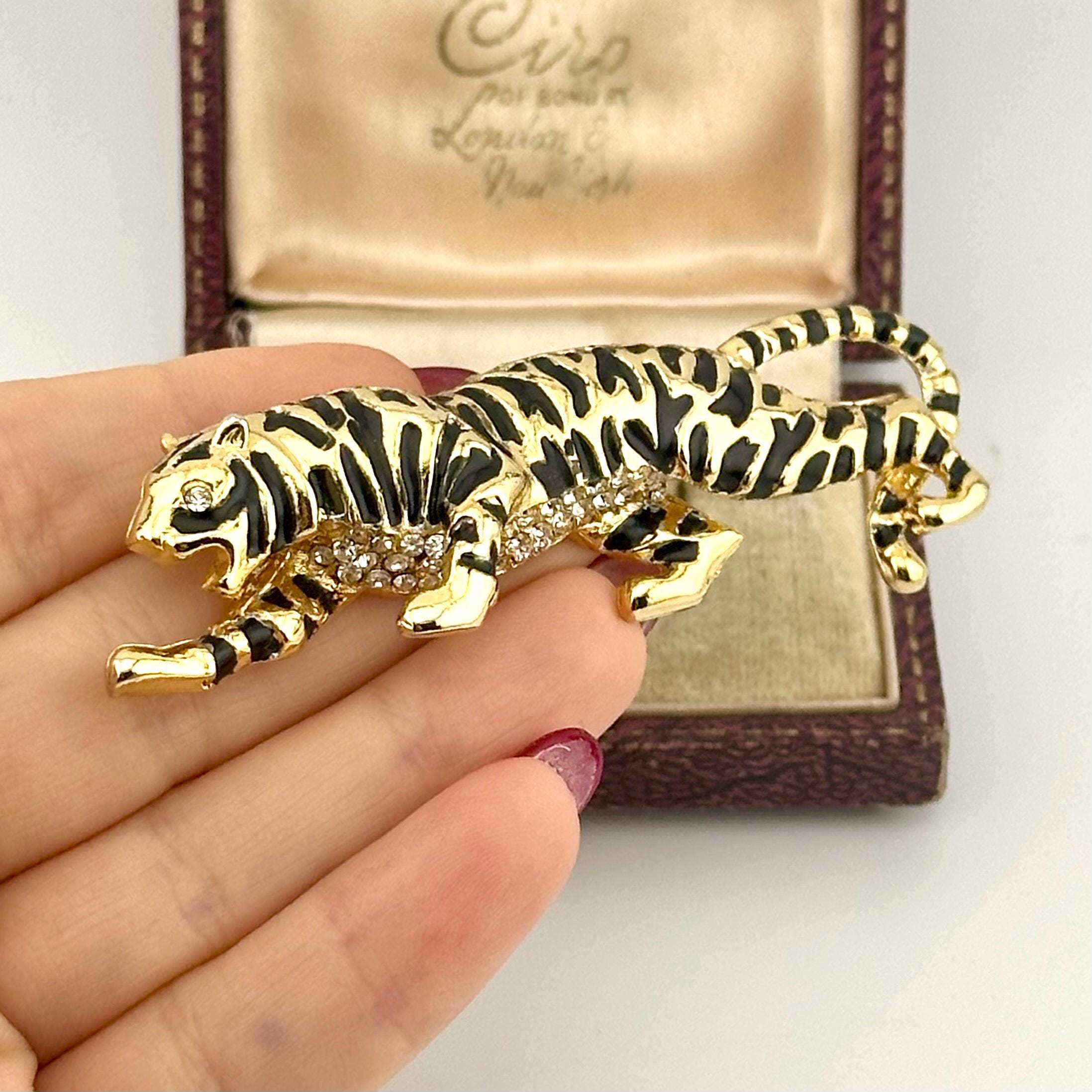 Vintage Gold Tiger Brooch, 1980s Black Enamel Austrian Crystals