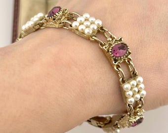 Vintage armband med ametistglas och konstpärlor från 1970-talet, brudsmycken, barockrevival