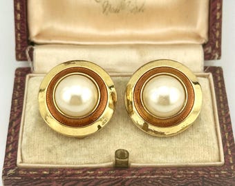 Vintage 1980s Chanel Style Pearl Clip-On Earrings, Gold Enamel Round Statement Jewellery, Classic Parisian Glamour, Elegant Gift For Her
