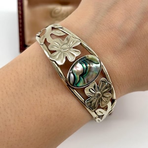 Vintage Alpaca Silver Cuff Bracelet, Abalone Shell Inlay Bangle, Mexican Boho Statement Jewelry, Artisan Gift for Her, Rainbow Shell Jewelry