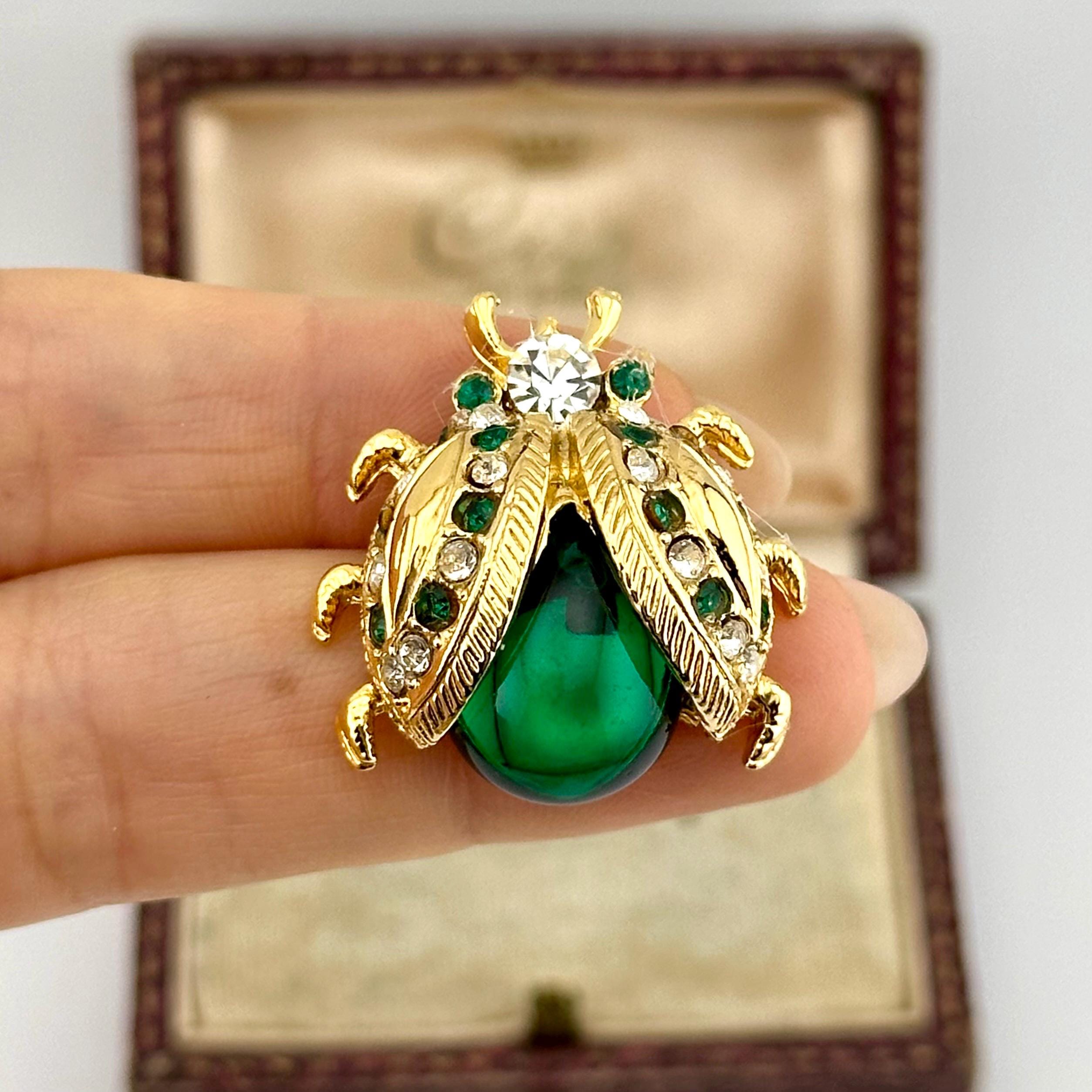 Vintage Sphinx Jelly Belly Ladybug Brooch,1950s Gold Emerald Green