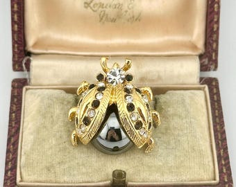 Vintage 1960s Gold Jelly Belly Ladybug Brooch, Hematite Cabochon Bug Insect Pin, Sphinx Jewellery, Midcentury Beetle Bug Pin, Collector Gift