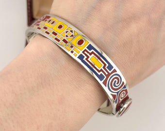 Vintage Modernist Geometric Enamel Bangle Bracelet, Abstract Red Blue Yellow Designer Style Statement Cuff