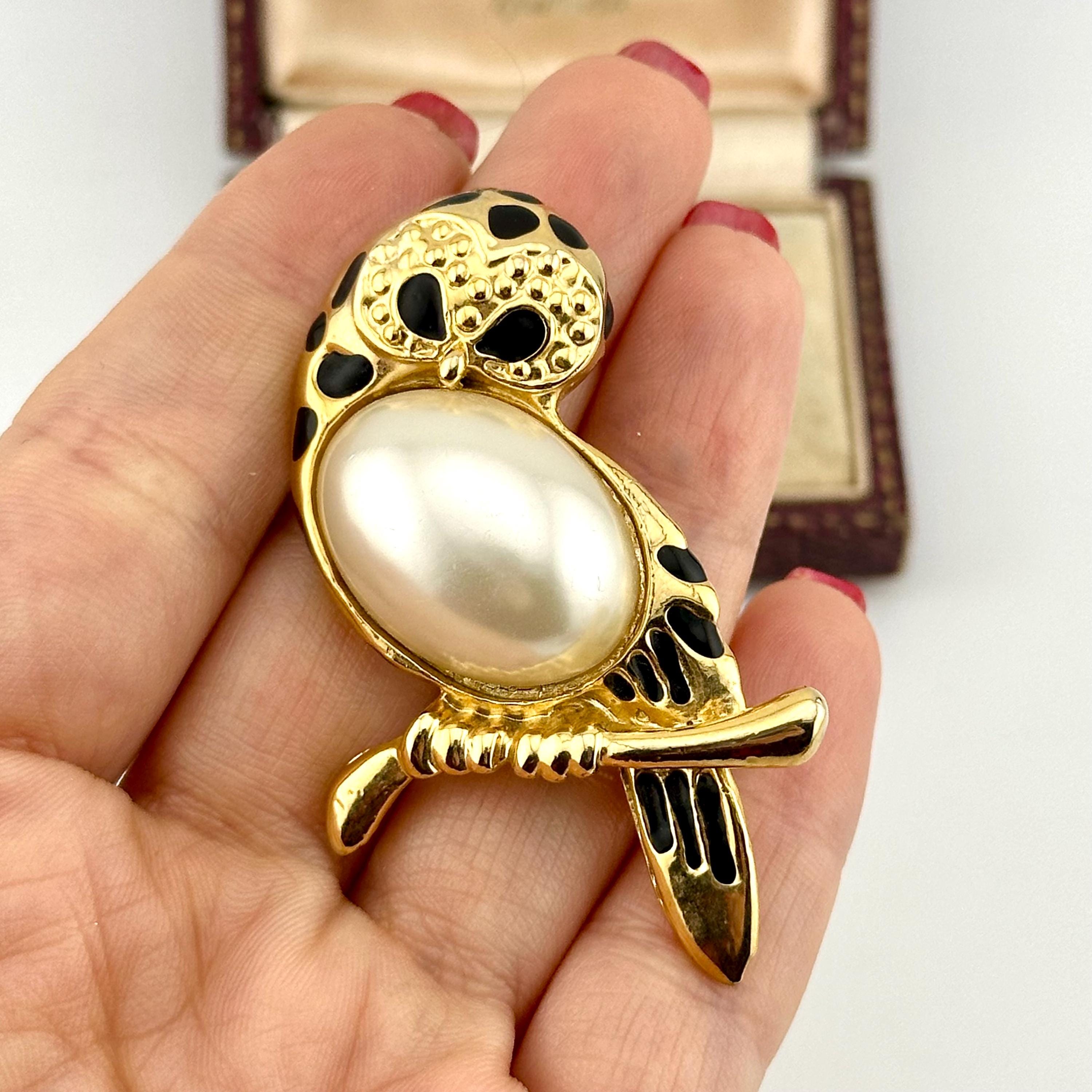 Vintage Gold Owl Brooch, 1980s Jelly Belly Pearl Figural Pin, Enamel Animal Statement Jewelry