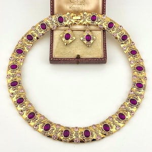 Vintage 1980s Regal Gold Necklace Earrings Set, Magenta Gripox Glass Statement Jewelry, Mughal Revival Jewelry, Wedding Bridal Gift For Her