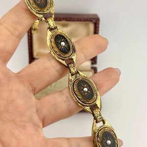 ヴィンテージ 1960年代 スフィンクス ゴールド ダイヤモンドカット ジェットブラック ブレスレット、スターバースト パールリンク、ステートメントジュエリー 画像 12