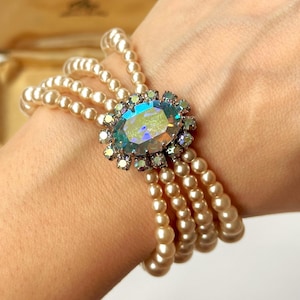 Vintage parelarmband uit de jaren 1950, Aurora Borealis-kristal statement uit het midden van de eeuw, Old Hollywood-cocktailsieraden