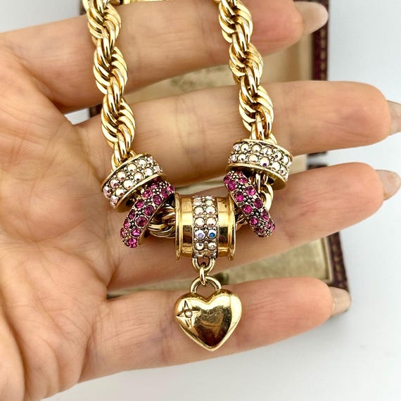 Vintage Gold Charm Statement Bracelet, Ruby & AB … - image 14