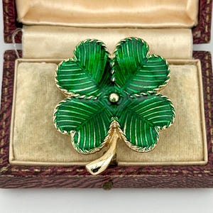Vintage 1980s Four Leaf Clover Brooch, Shamrock Lapel Pin, Lucky Green Enamel Brooch, Irish Heritage Collectable Jewellery