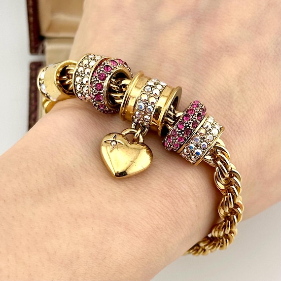 Vintage Gold Charm Statement Bracelet, Ruby & AB … - image 2