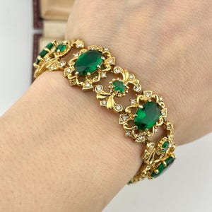 Vintage JBK Camrose & Kross Bracelet, 1980s Emerald Green Crystal, Jackie Kennedy Style, Collectible Gold Statement Jewelry, Bridal Gift