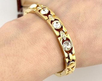 Vintage Gold Crystal Link Bracelet, 1980s Statement Panel Chain, Classic Evening Jewelry