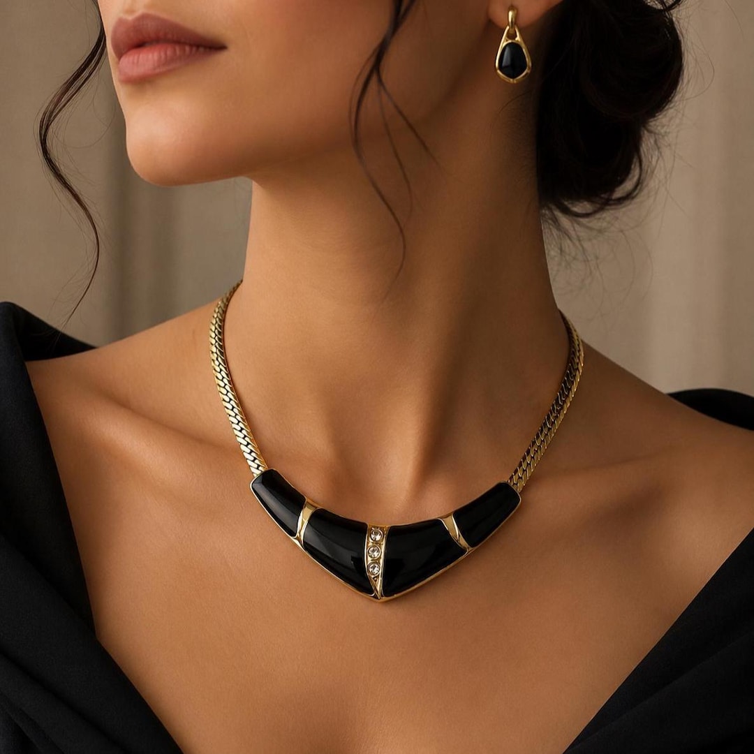 Vintage 1980s Gold Black Enamel V Shaped Choker Necklace, Art-deco