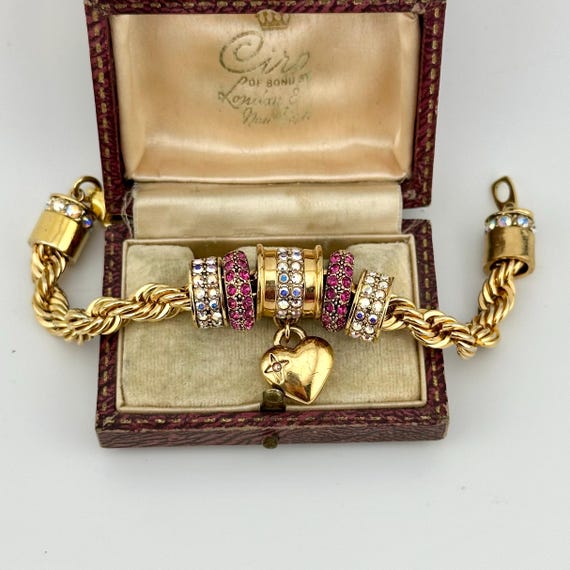 Vintage Gold Charm Statement Bracelet, Ruby & AB … - image 16