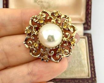 Vintage Sphinx Pearl Brooch, Gold Filigree Amber Crystal Statement Pin, Egyptian Revival Jewelry