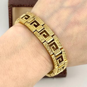 Vintage Gold Greek Key Meander Statement Bracelet, 1970s Hellenistic Geometric Panel Link, Versace Style