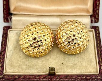 Vintage Gold Domed Clip-On Earrings, 1980s Round Statement Earrings, Decorative Texture Studs, Bold Disco Glam Jewelry, Retro Gift For Her
