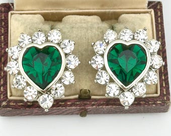 Vintage 80s Emerald Green Swarovski Heart Earrings, Silver Statement Couture Clip-Ons, Maximalist Bridal Runway Jewelry-Wedding Gift For Her
