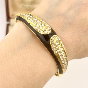 Vintage 1980s Gold Black Crystal Bangle, Enamel Hinged Bracelet, Art Deco Bangle, Small Size Cuff, Statement Retro Jewelry, Gift for Her