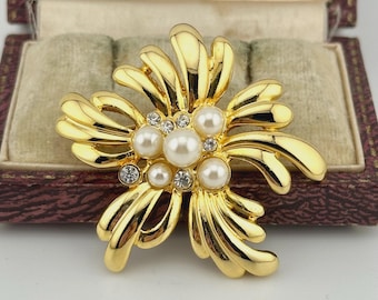 Vintage Gold Pearl Floral Brooch, 1980s Austrian Crystal Statement Pin, Designer Wedding Jewelry