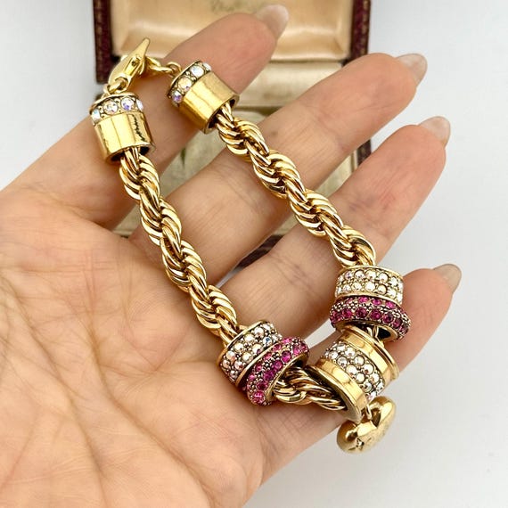 Vintage Gold Charm Statement Bracelet, Ruby & AB … - image 15