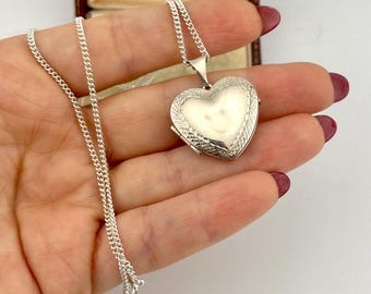 Vintage Heart Locket Pendant Necklace, Engraved Keepsake, Sterling Silver Romantic Jewelry