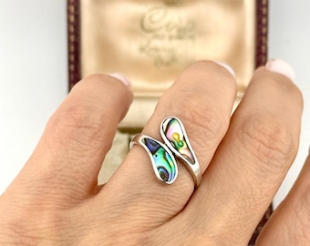 Vintage Abalone Sterling Silver Ring, Paua Shell Statement Ring, 1990s Iridescent Jewelry