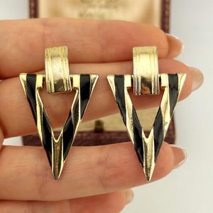 Vintage Gold Black Enamel Earrings, 1980s Geometric Statement Studs, Art Deco Revival Triangle Dangle Earrings, Power Dressing Jewelry