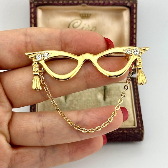 Gold Eyeglass Pin Jewelry Vintage Crystal Statement Brooch, Gold