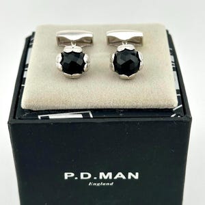 Vintage Sterling Silver Onyx Cufflinks, Signed P.D. MAN England, Luxury Designer Menswear Gift