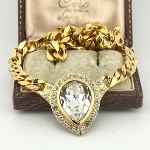 Vintage 1980s Gold Swarovski Crystal Collar Necklace, Statement Vintage Choker, Maximalist Bridal Jewelry, Teardrop Crystal Choker Necklace