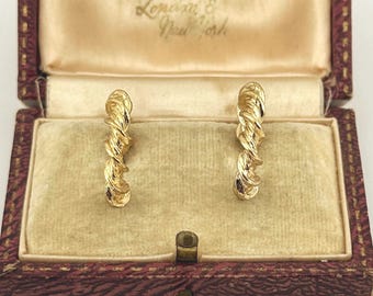 Vintage Gold Twist Hoop Earrings, 1980s Textured Rope Design Hoops, Classic Retro Everyday Jewelry