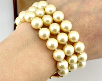 Vintage Monet Pearl Bracelet, 1980s Triple Strand Beaded Bracelet, Gold Geometric Clasp Bridal Jewelry