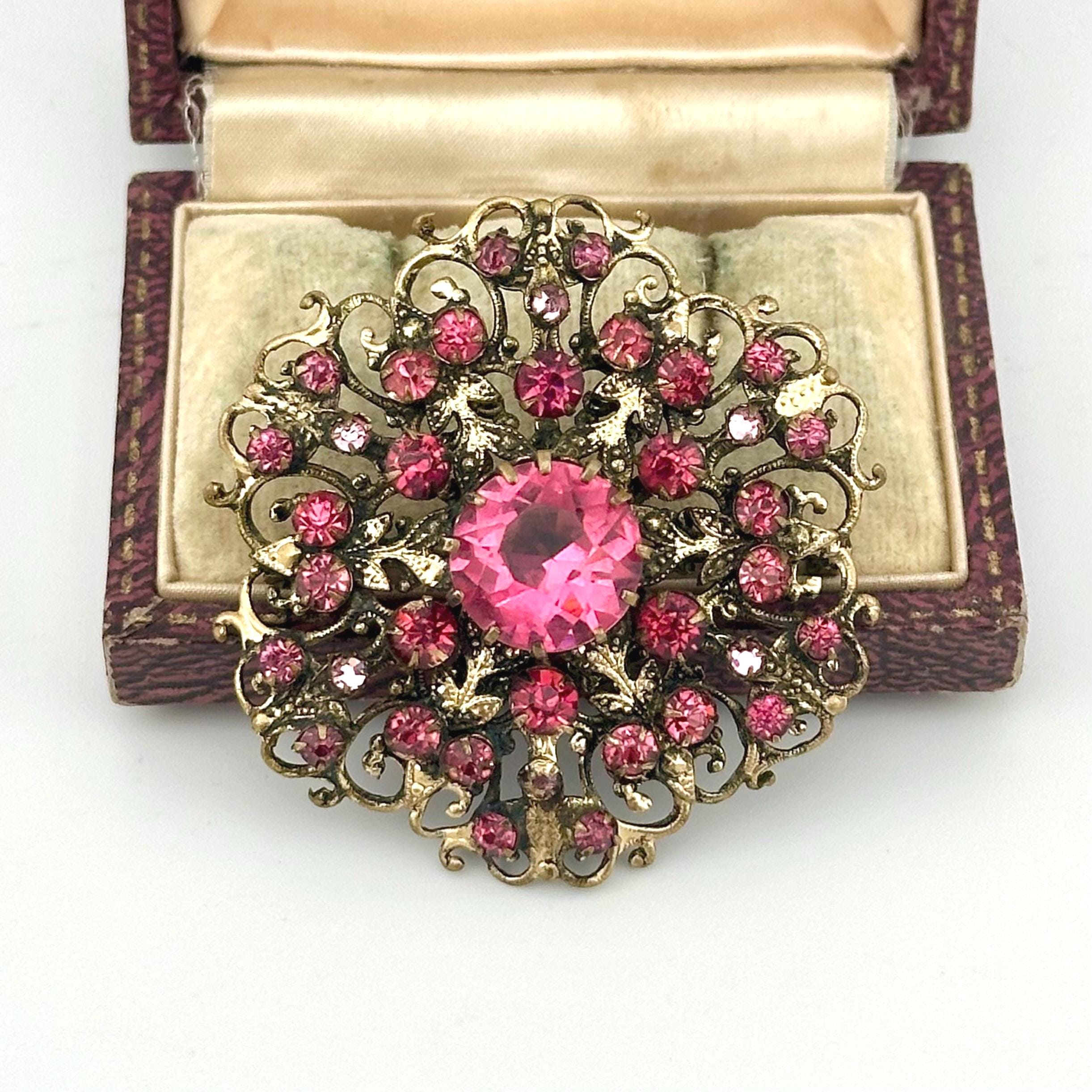 Antique 1920s Czech Filigree Magenta Crystals Brooch, Ornate Rococo Revival, Vintage Collectable Floral Brooch, Heirloom Brooch Vintage