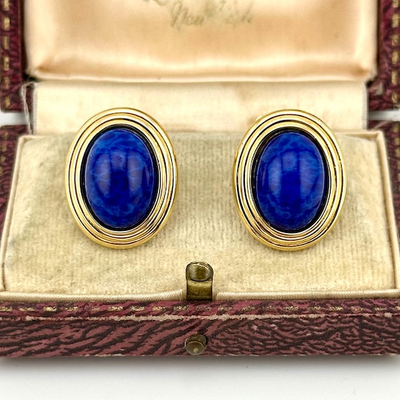 Vintage Christian Dior Lapis-blue Cabochon Earrings, 1980s Signed