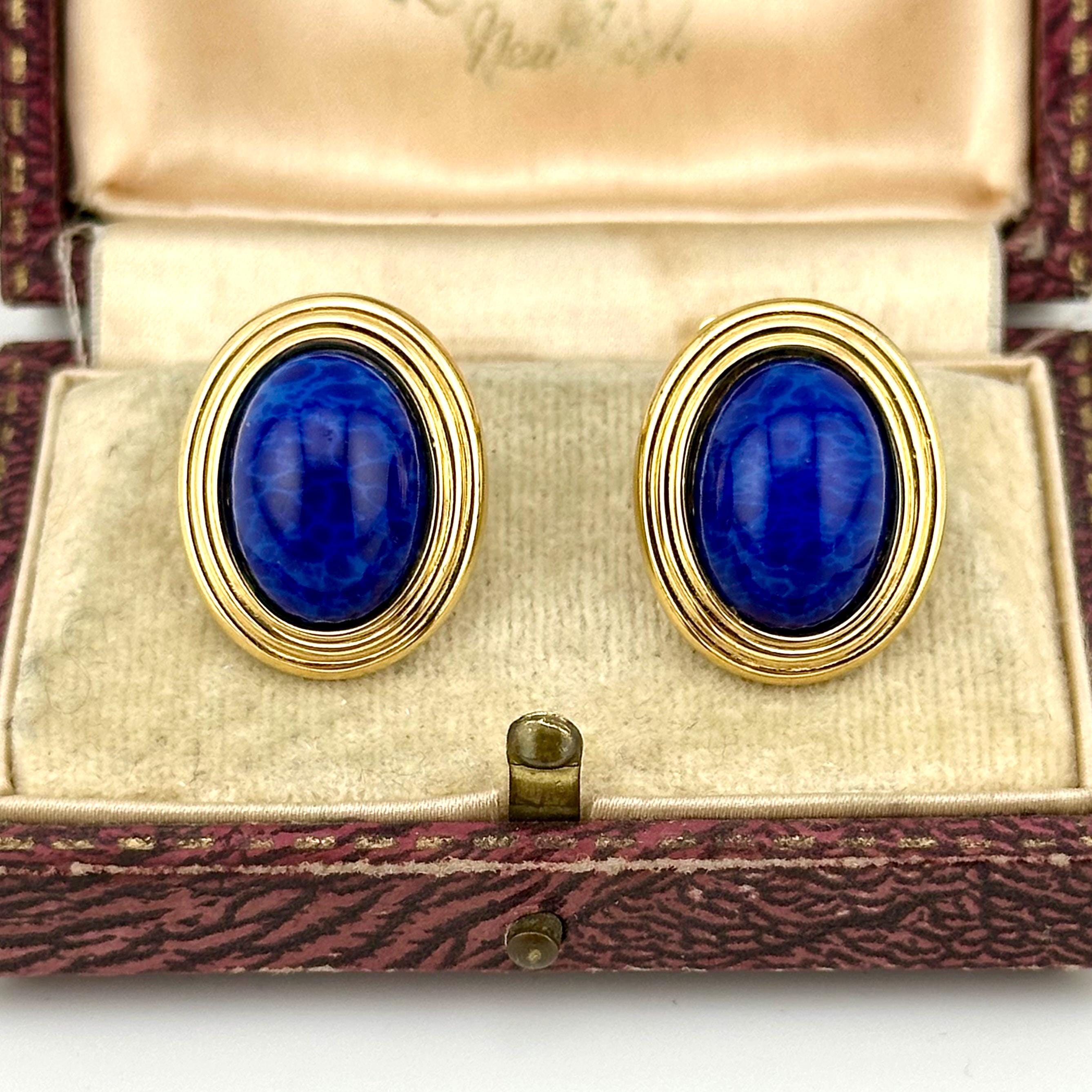 Vintage Christian Dior Lapis-blue Cabochon Earrings, 1980s Signed
