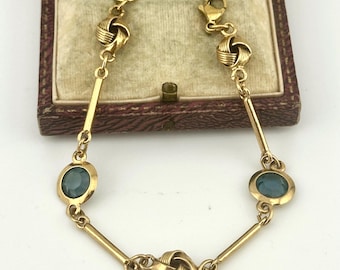Vintage 80s Gold Cobalt Blue Crystal Link Chain Bracelet, Vintage Bezel Set Link Bracelet, Collectable Vintage, Long Link Vintage Bracelet