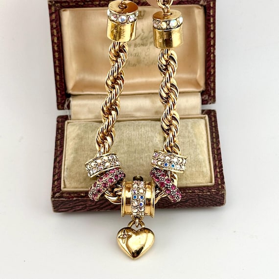 Vintage Gold Charm Statement Bracelet, Ruby & AB … - image 12