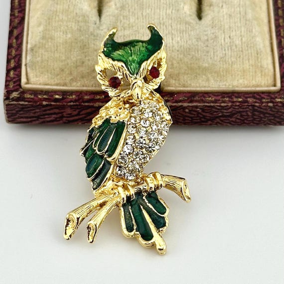 Broche Vintage Hibou En Relief - Couleur Or Avec Cristal Rouge Rubis - Modèle 656 - Occasion Bon état