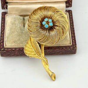 Vintage 1960s Gold Turquoise Glass Flower Brooch, Mid Century Collectable Brooch, Vintage Statement Gift For Her, Bird Nest Jewelry