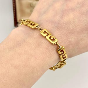 Vintage Gold Greek Key Meander Bracelet, 1980s Statement Chain Link, Couture Designer Jewelry