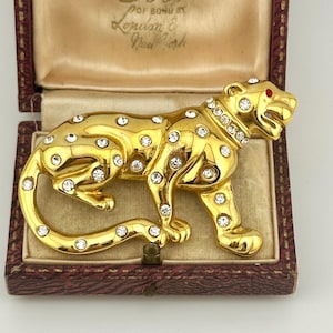 Vintage Gold Leopard Panther Statement Brooch, 1980s Swarovski Crystal Jaguar Pin, Leopard Fierce Couture Jewelry, Collector’s Power Piece