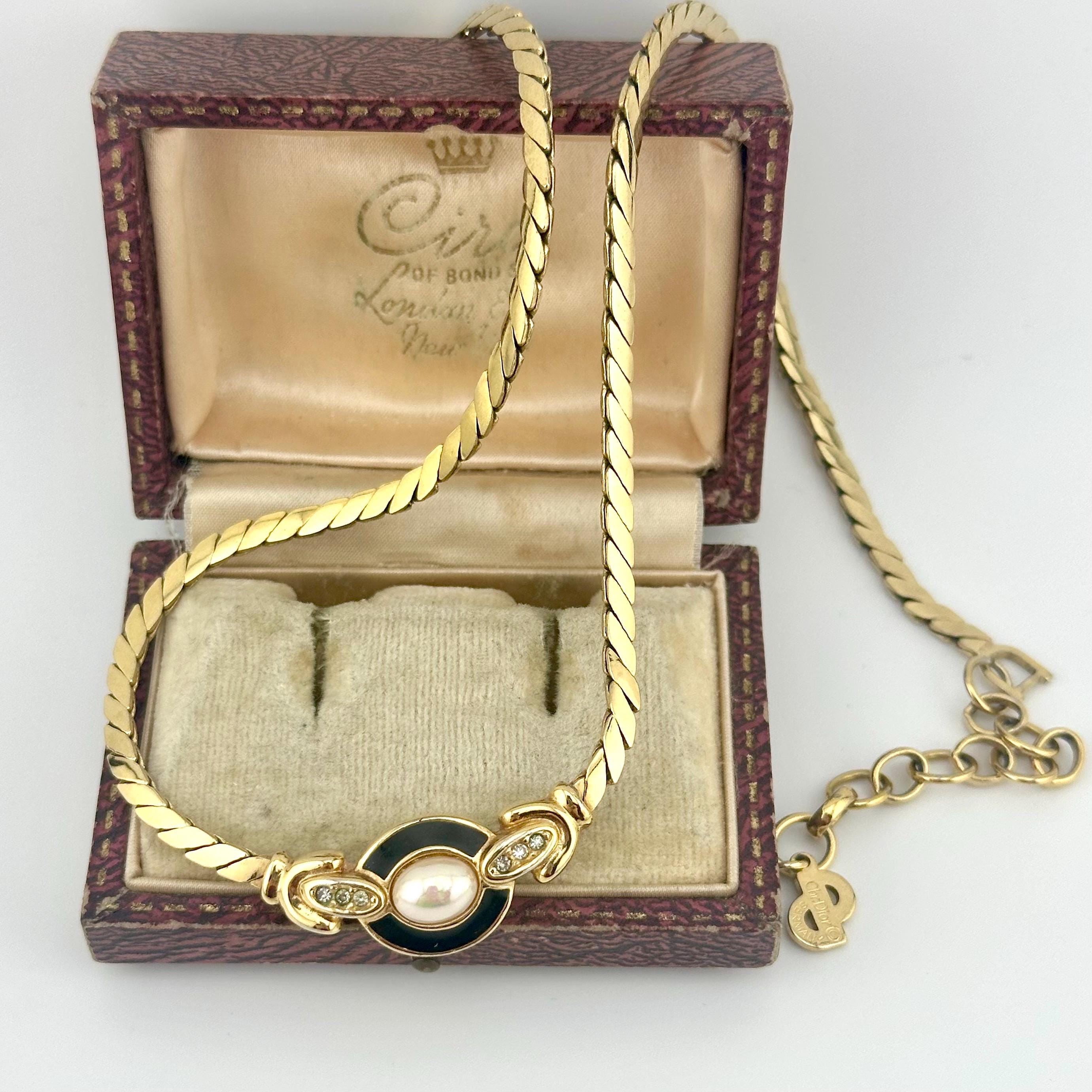 Vintage 1980s Christian Dior Gold Pearl Choker Necklace, Black